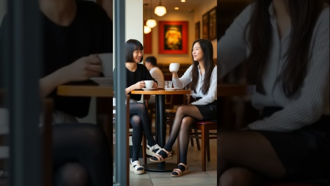 Coffee time with my nylons bestie! Pantyhose stockings tights sandals legs girl lady model