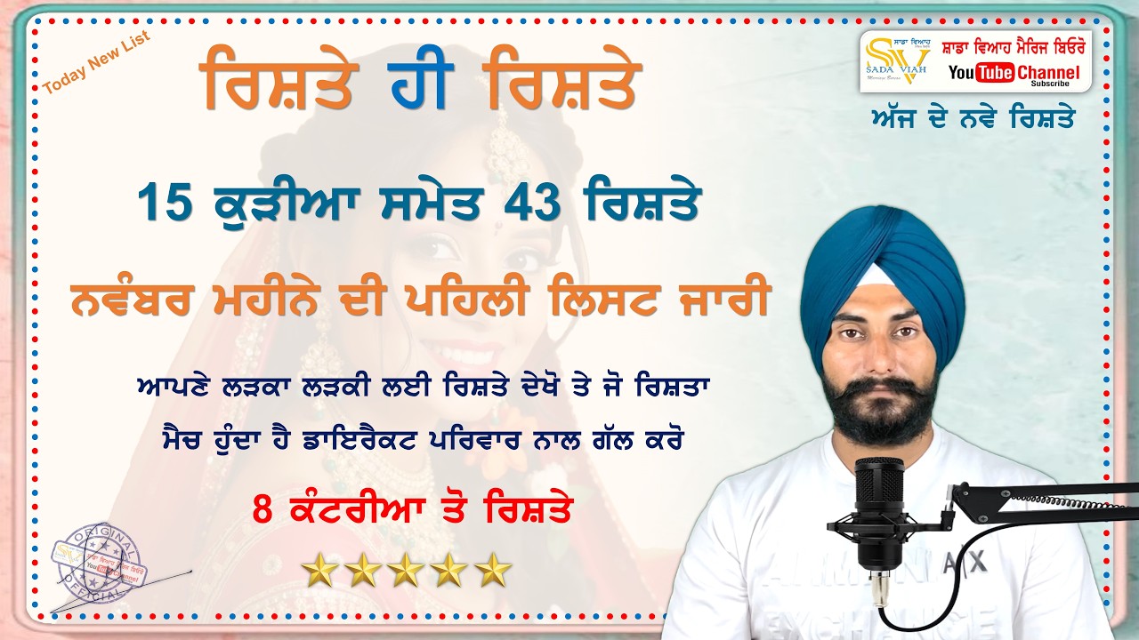 15 ਕੁੜੀਆ ਸਮੇਤ ਅੱਠ ਕੰਟਰੀਆ ਤੋ 43 ਰਿਸ਼ਤੇ | Sada Viah Rishte hi Rishte Marriage Bureau @sadaviahmb