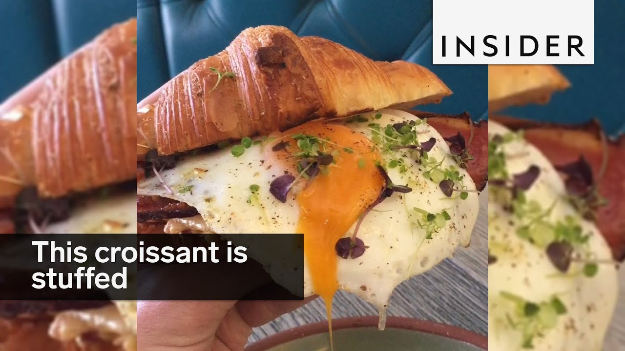 This croissant is stuffed with mac & cheese and bacon everything