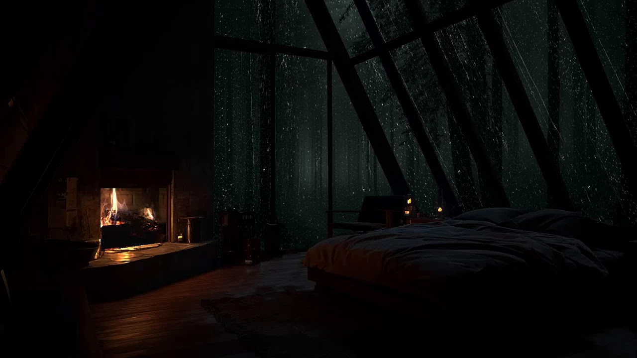 Wrapped in silence as rain slowly falls around a hidden forest cabin at night