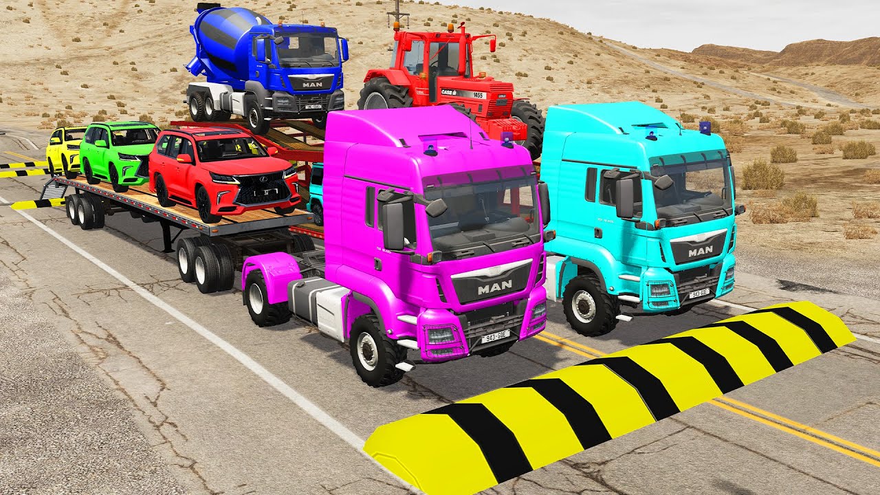 Flatbed Trailer new Gelik Cars Transportation with Truck - Pothole vs Car #7 - BeamNG.Drive