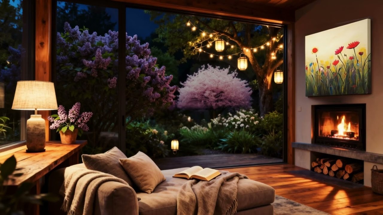 Spring Garden Room Ambience at Night 🌸 Gentle Fireplace & Soft Crackle | 3 Hours