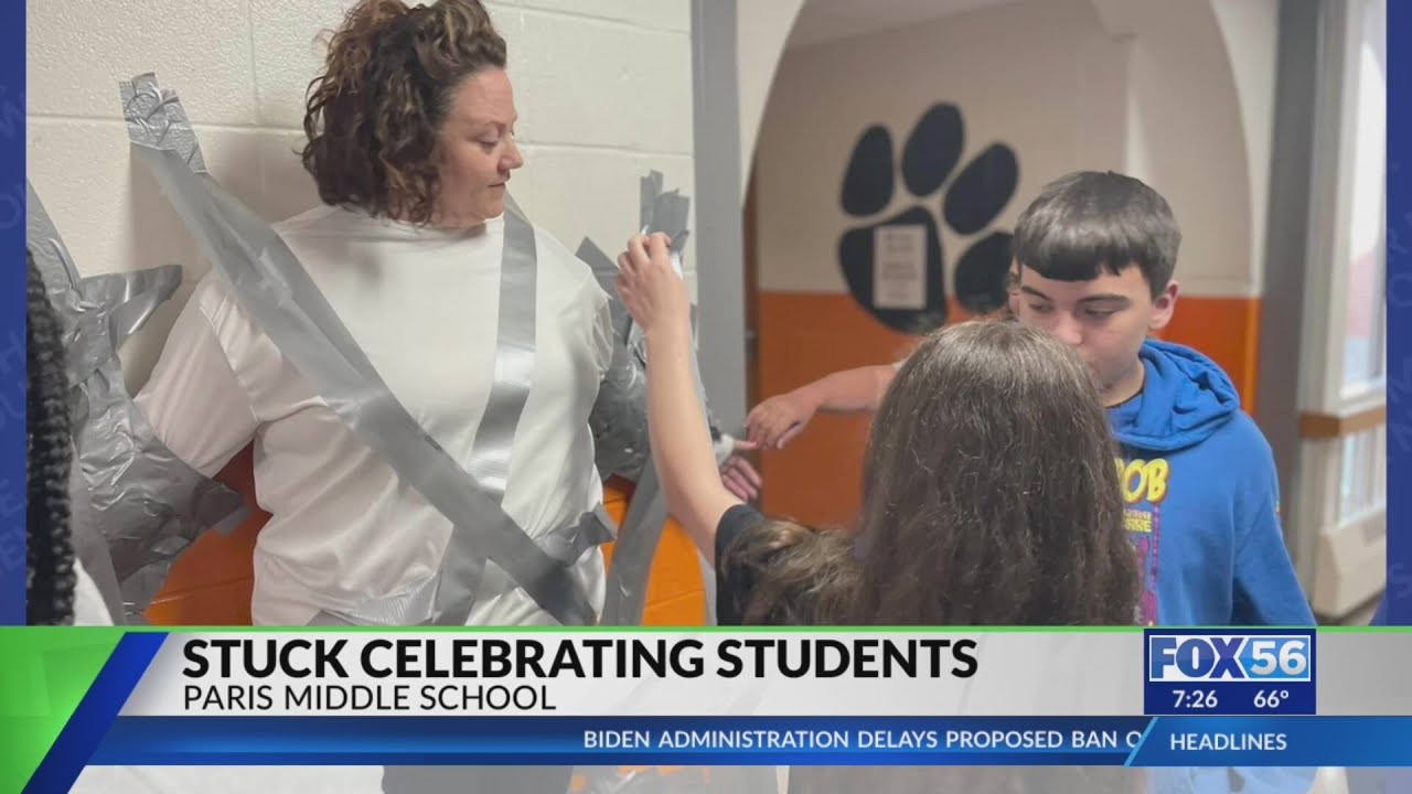 Paris Middle School students tape principal to wall, celebrating test score growth
