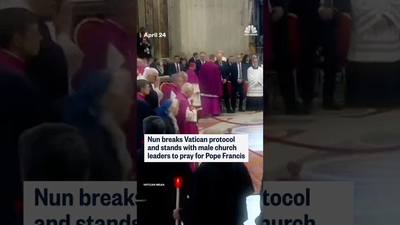 Nun breaks Vatican protocol and stands with male church leaders to pray for Pope Francis