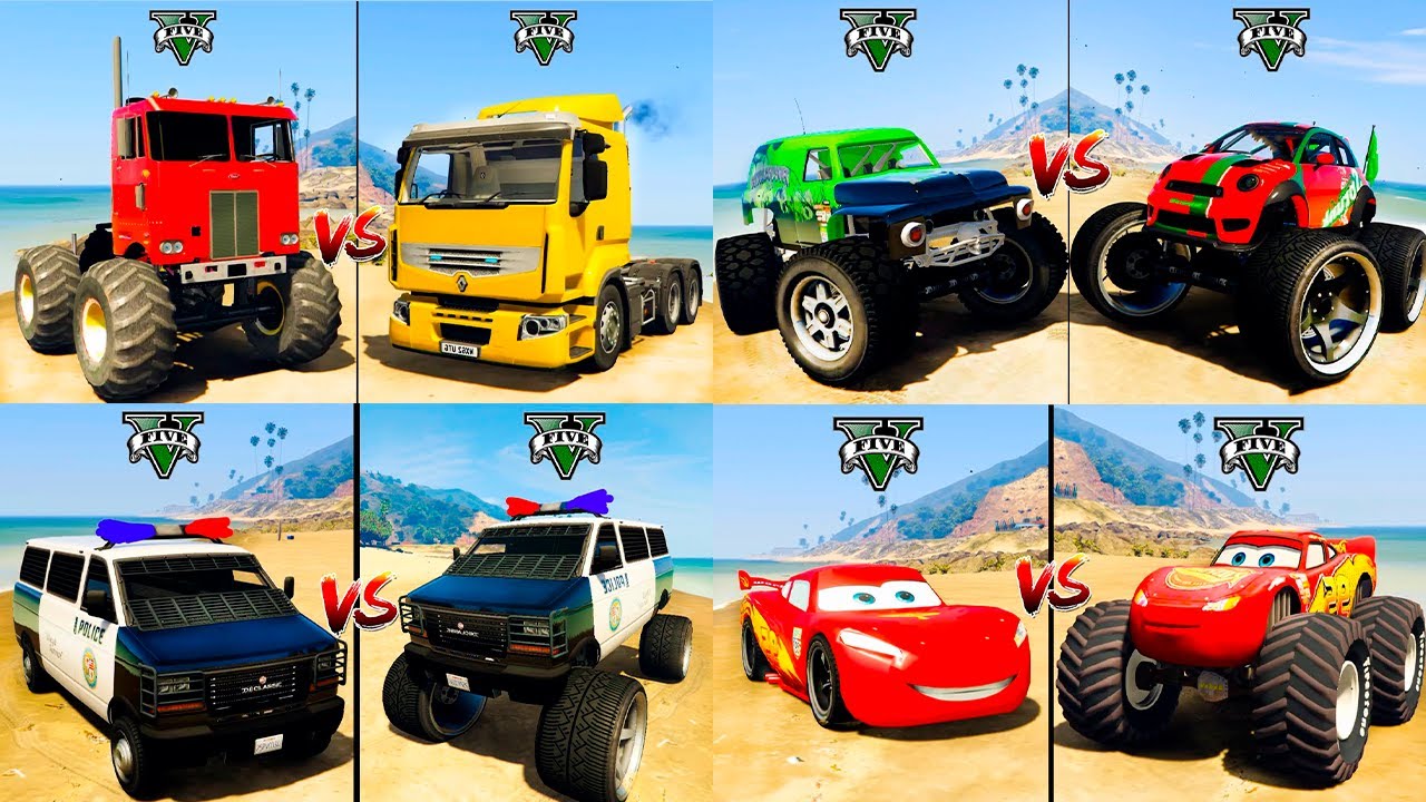 Truck with Big Wheels vs Monster Truck vs Lightning McQueen - GTA 5 Cars Comparison