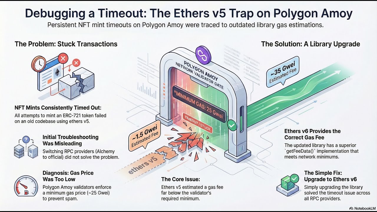 Polygon Amoy NFT Timeout Fix: Why Ethers v5 Fails Gas Estimation (and the Ethers v6 Upgrade)