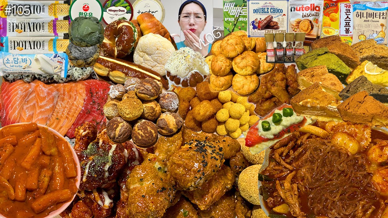 SUB)먹방 VLOG)맵슐랭+불패치킨+로제떡볶이 엽떡국물닭발+당면사리+연어파티 버터바 비스킷슈 빵파티 할매입맛쿠키 공주밤빵 누텔라비스킷 신상과자 디저트 박여사님생신❤️MUKBANG