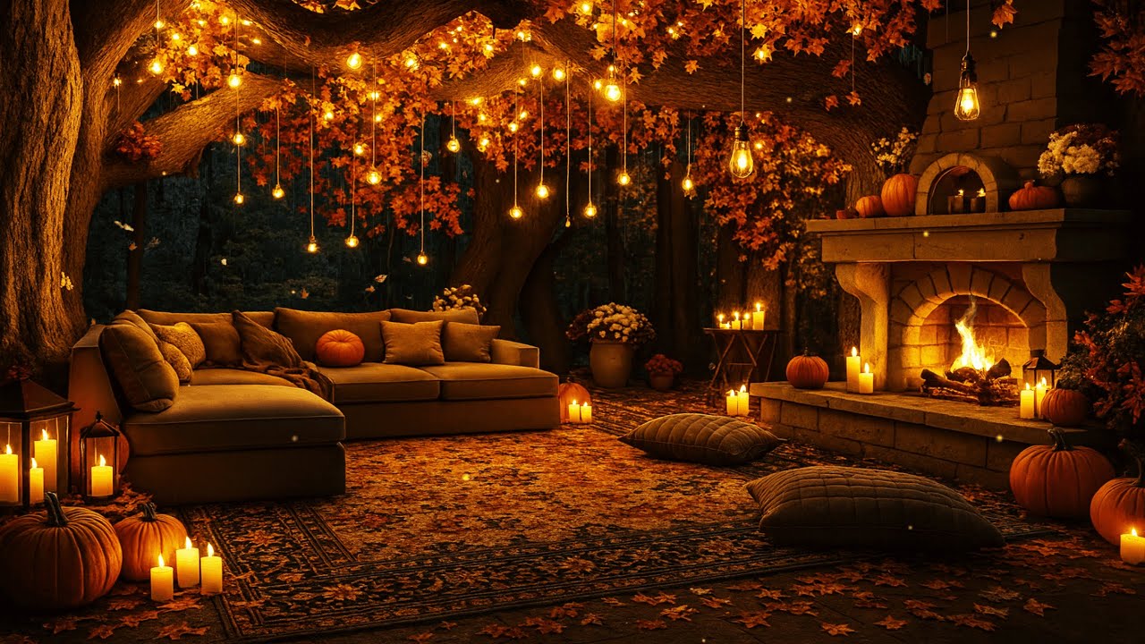 Magical Autumn Night 🍁 Fireplace Crackle, Autumn Rain & Gentle Calm