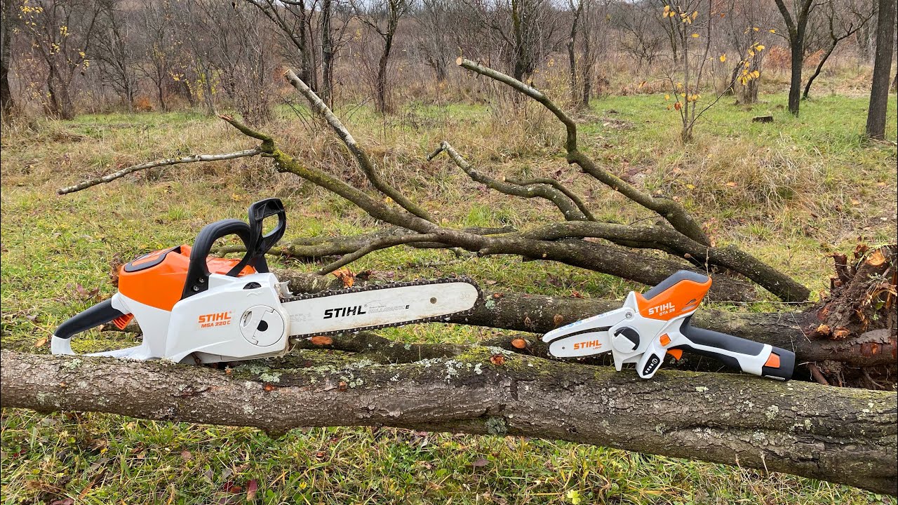 Cutting firewood with Stihl Msa 220-C and Stihl Gta 26 battery powered chainsaw.