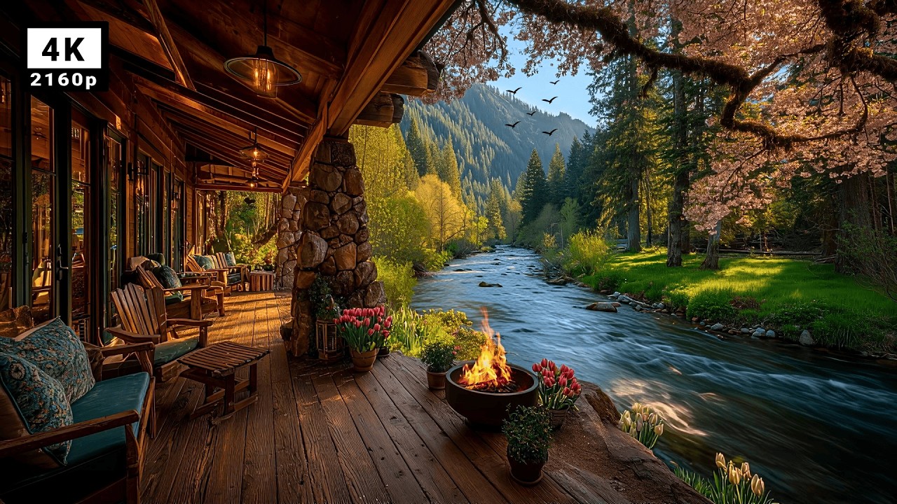 Hidden Paradise Porch Ambience 🌿 Spring Riverside View, Birds & Firepit Calm (4K)
