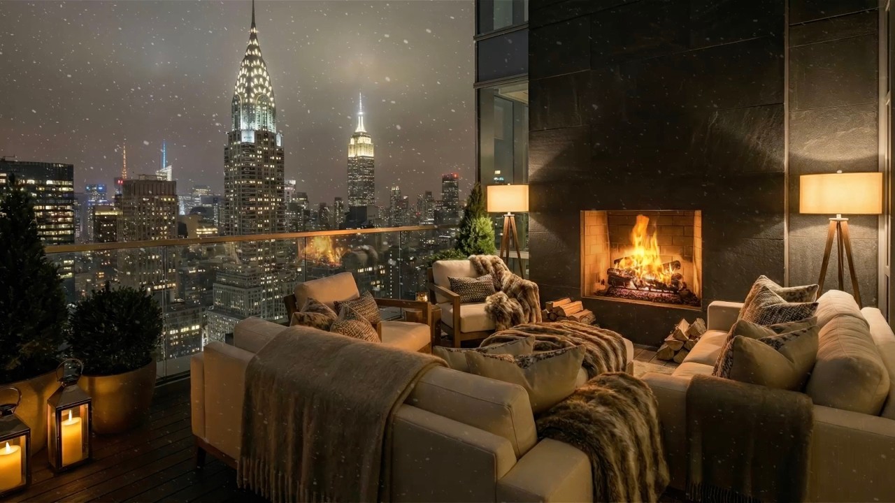 New York City Winter Balcony Ambience on a Midnight to Sleep, Relax, Work 😴❄️🎧 (Fireplace Sound)