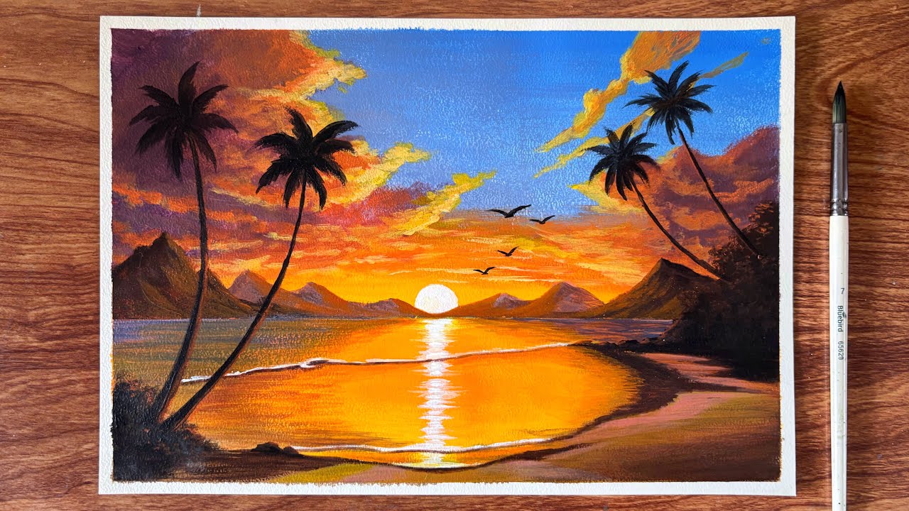 Acrylic Painting Ocean Sunset | Sunset Palm Tree Silhouette Painting for beginners | Canvas Painting