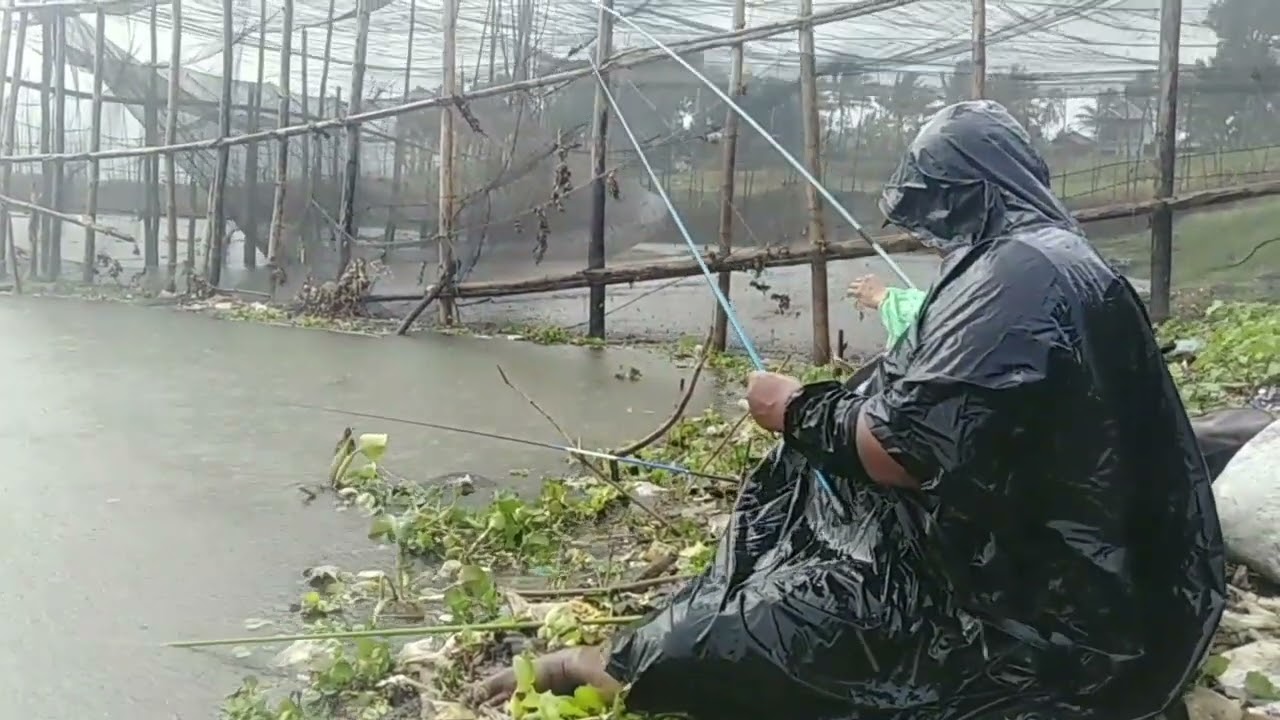 Во время рыбалки внезапно начался сильный дождь.