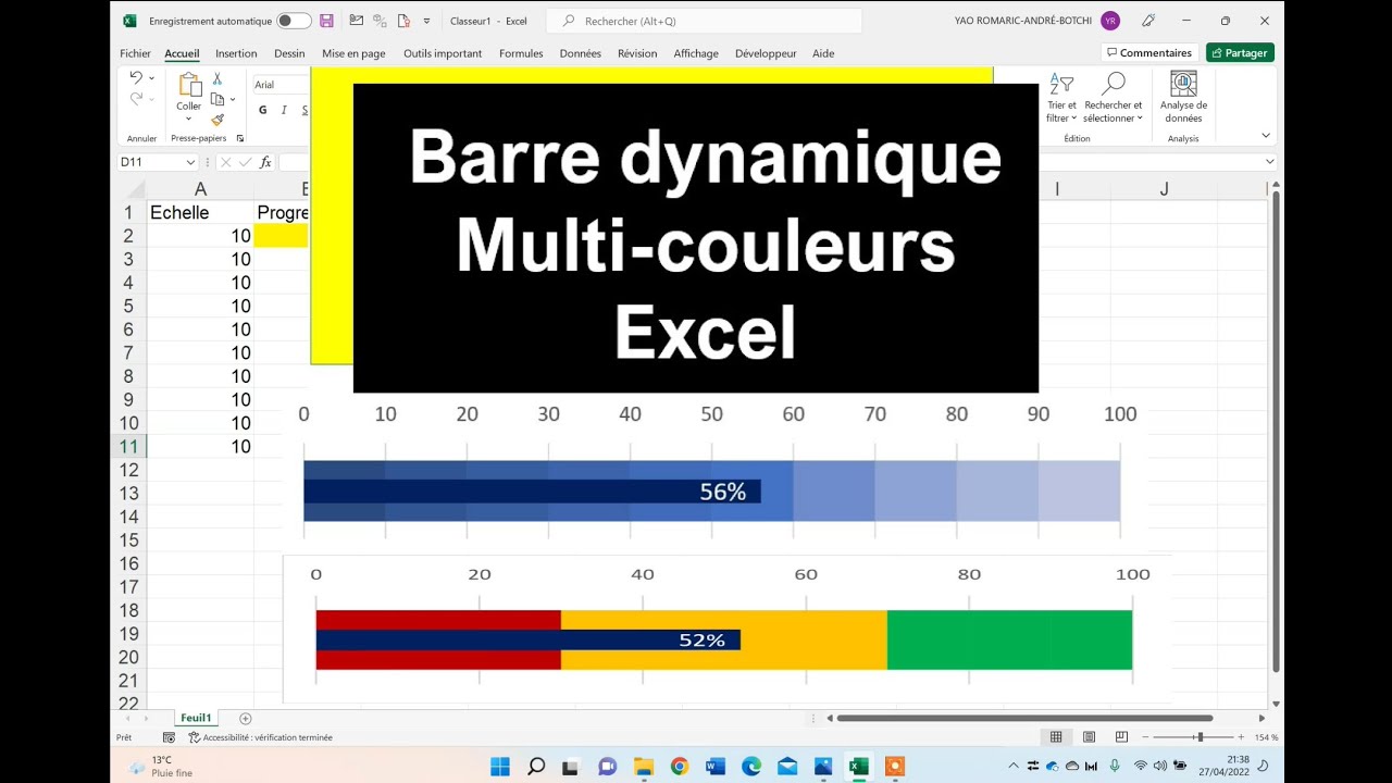 Barre de progression dynamique multi couleurs ou monochrome sur Excel