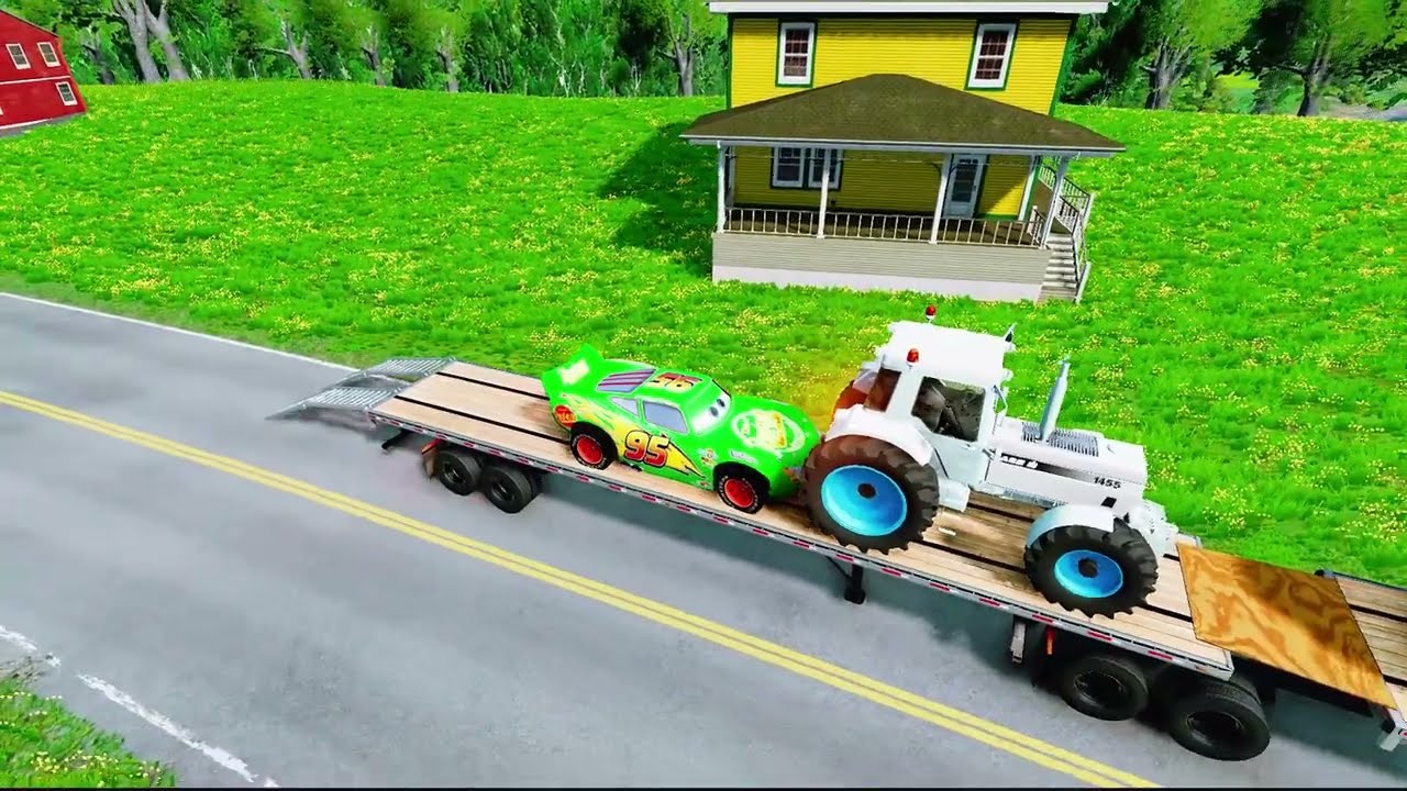 Double Flatbed Trailer Truck vs Speedbumps Train vs Cars | Tractor vs Train Beamng.Drive #000