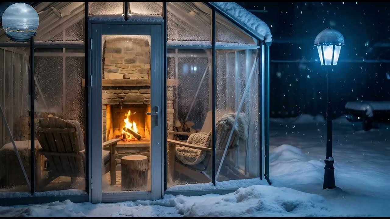 Glasshouse Fireplace with Falling Snow – 2 Hours – TV Background