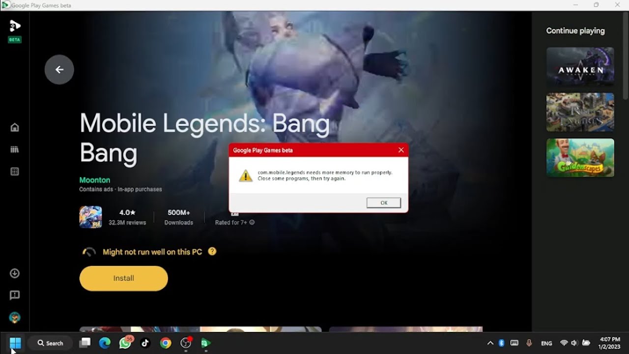 Fix Solusi error instal google play games needs more memory to run properly