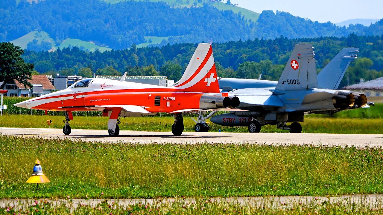 On a Hot Swiss Day, an F-5 Tiger and F/A-18 Hornets Take Off from Emmen Air Base [4K]