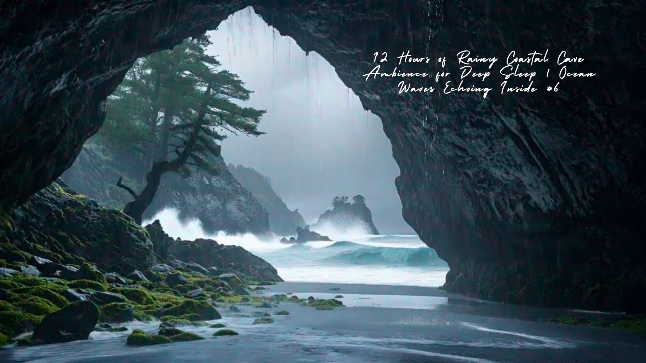 12 Hours of Rainy Coastal Cave Ambience for Deep Sleep | Ocean Waves Echoing Inside #6