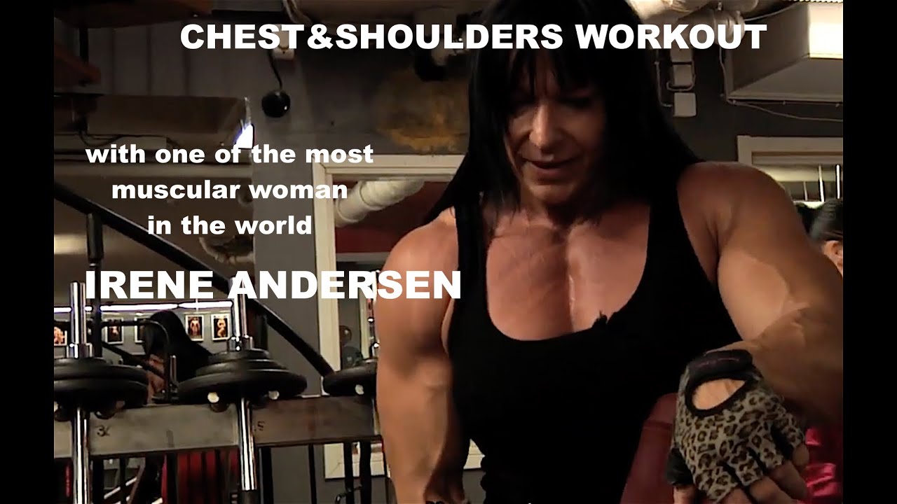 Behind the scene from Too big for the world. Chest and shoulders workout with Irene Andersen.