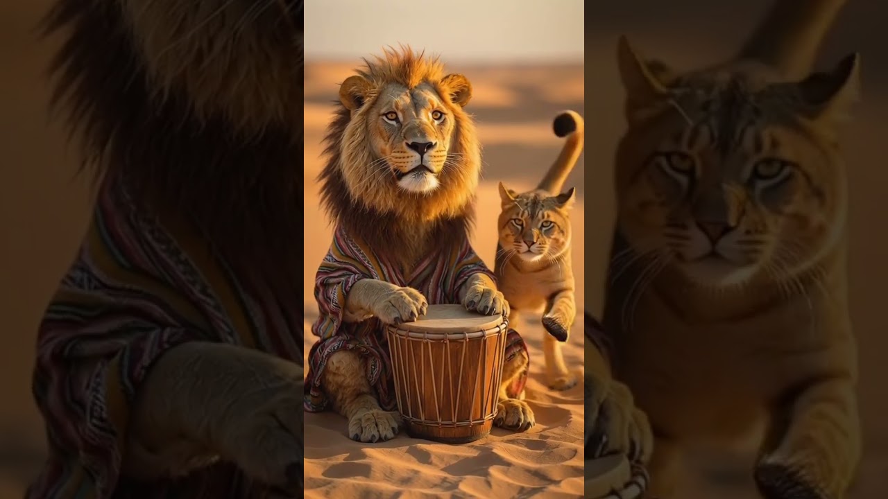 cat and lion starts playing drums #cats #lions #drums #catlife #trendingshorts