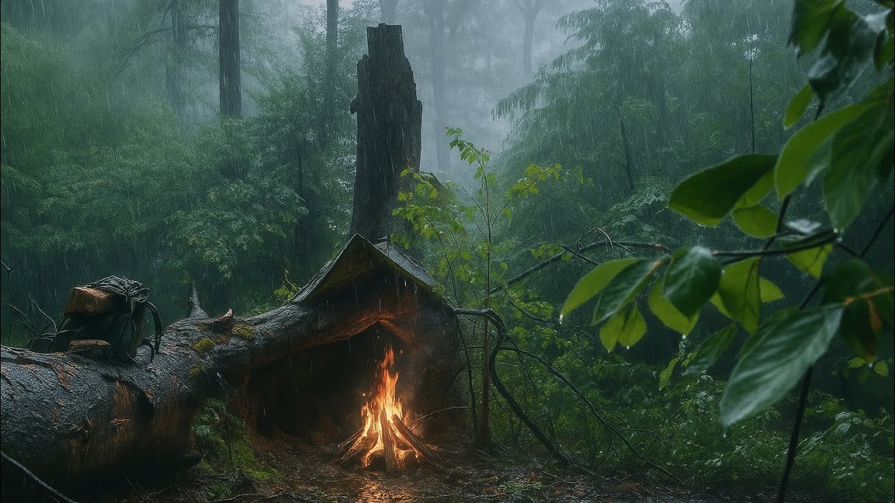 Solo Survival Camping in Heavy Rain | Bushcraft Shelter, Cooking Juicy Steak, Wild Forest Adventure