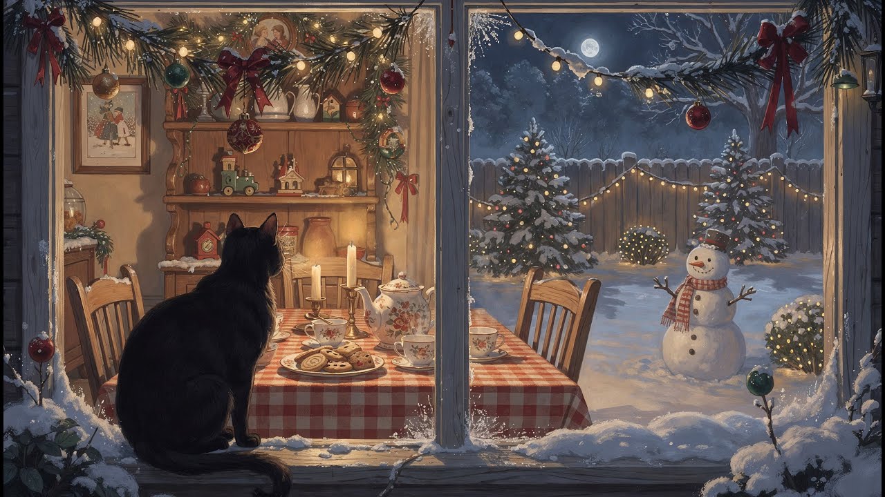 A Little Snowman Listening to Vintage Music from Inside on a Snowy Christmas Night ⛄️