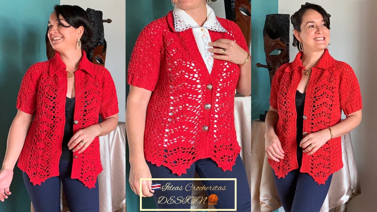 SUÉTER CUELLO CAMISERO TEJIDO A CROCHET😘CANESÚ RECTÁNGULO PARA TODAS LAS TALLAS
