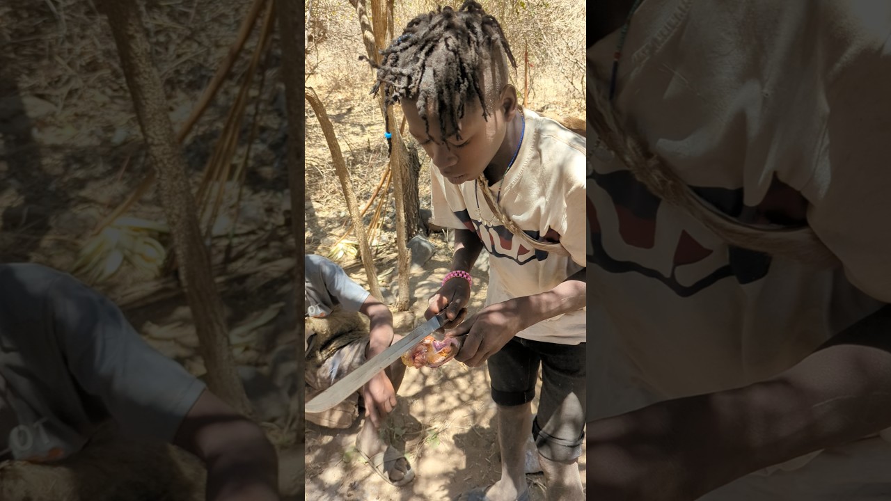In the morning | Hadzabe kids cooking a monkey meat that brought with their elders for them#shorts