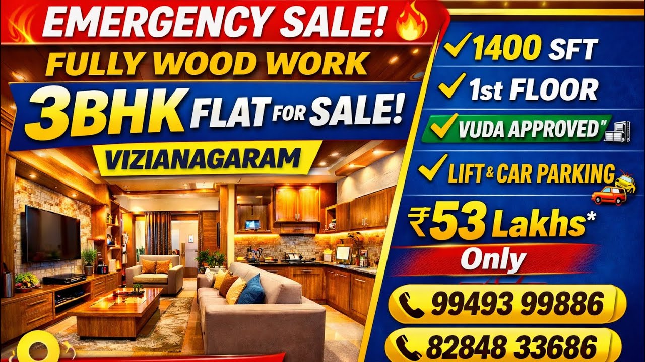 Premium Fully Wood Work 3BHK Flat For Sale in Vizianagaram | 1400 SFT | Ring Road Area,