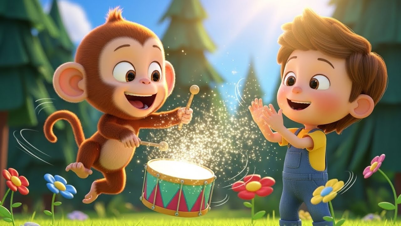 El Mono Bebé Juguetón Golpeó el Tambor | Canción Infantil Divertida | Rimas para Bebés