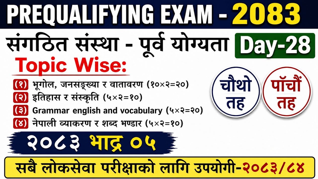 संगठित संस्था - पूर्व योग्यता परीक्षा[Pre-Qualifying Examination ]  । Loksewa MCQ।