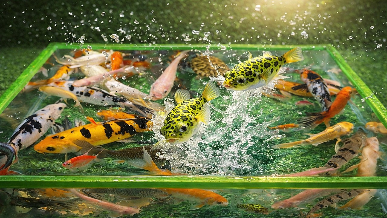 Распаковка красочных декоративных рыб: рыбы Пальмас, рыбы-фугу, рыбы Оскар, рыбы-убийцы кои, чере...