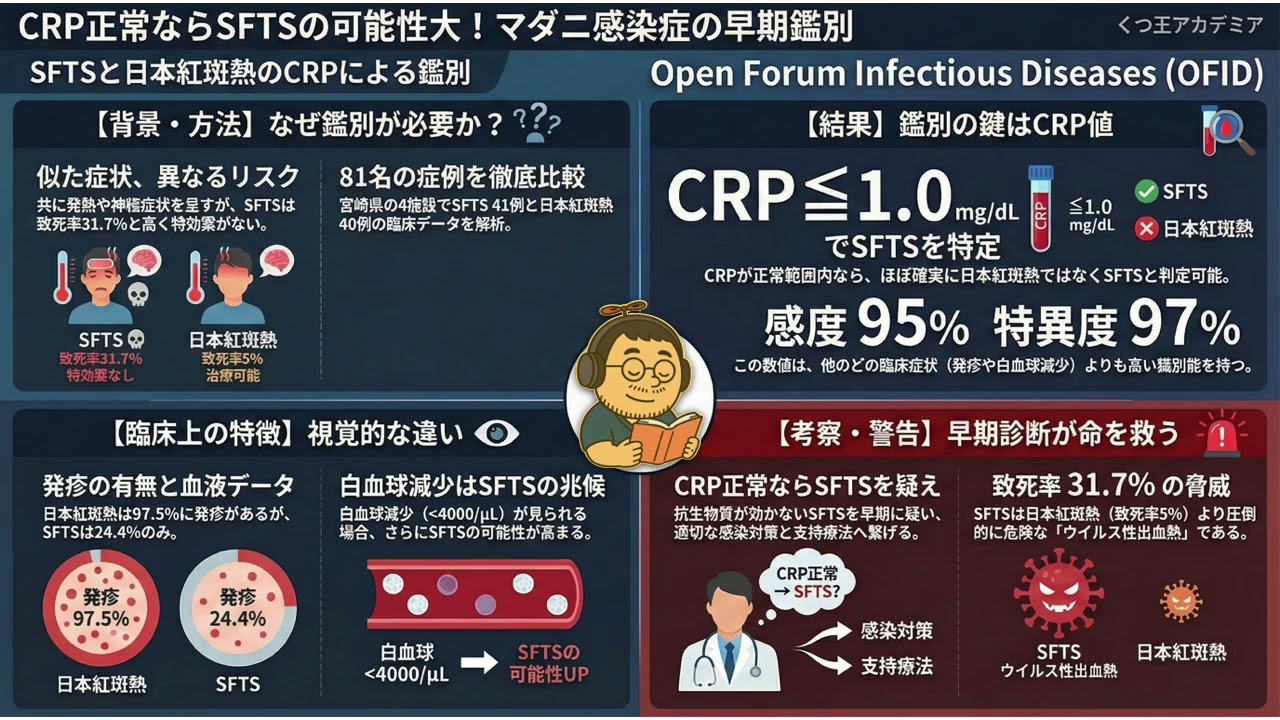 【医療者向け・音声のみ】SFTSと日本紅斑熱の鑑別には血清CRP値が有用：正常CRP値はSFTSを強く示唆する　OFID