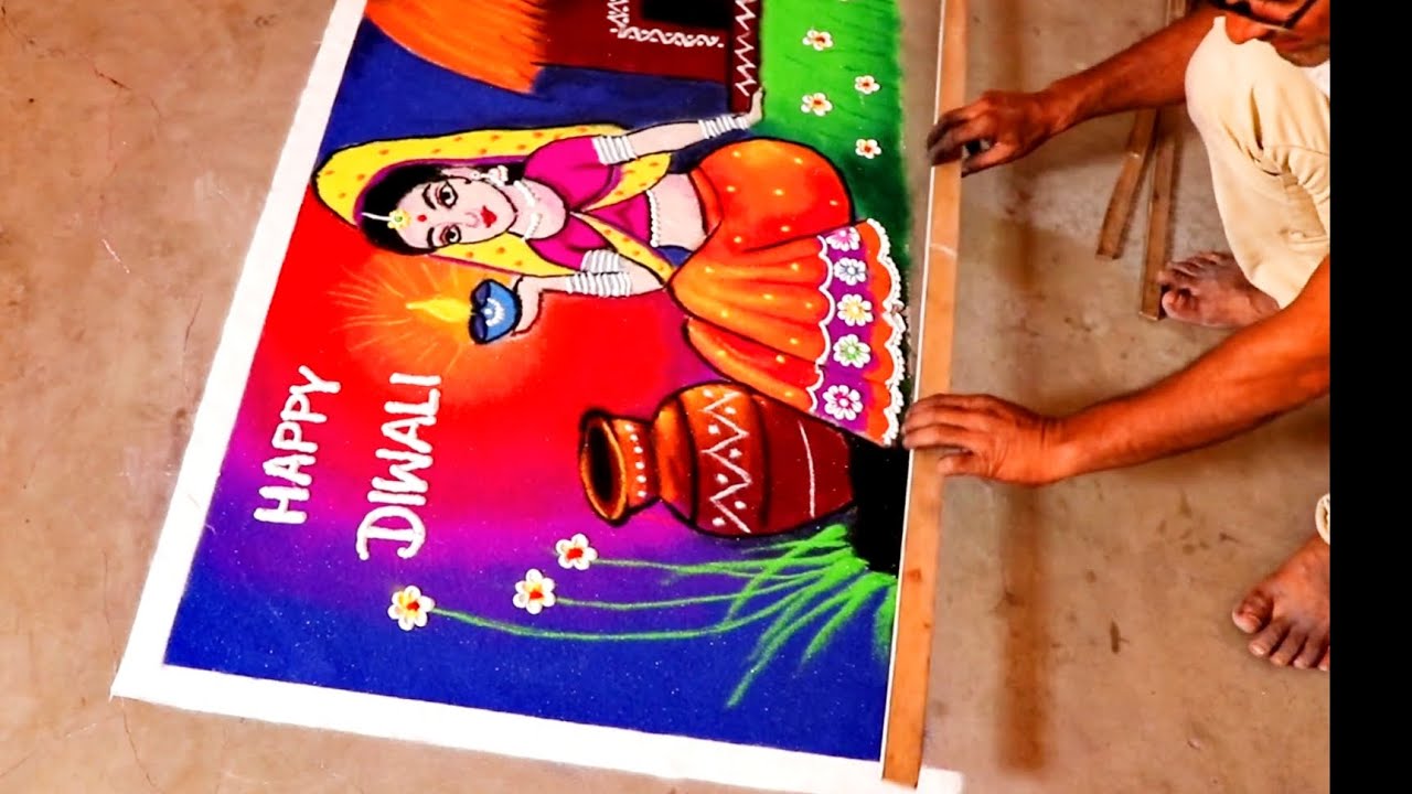 Traditional poster rangoli with beautiful village lady . Poster rangoli for Diwali.