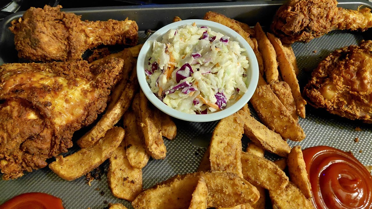 COOKING Dinner Homemade Coleslaw Fried Chicken & Potato Wedges