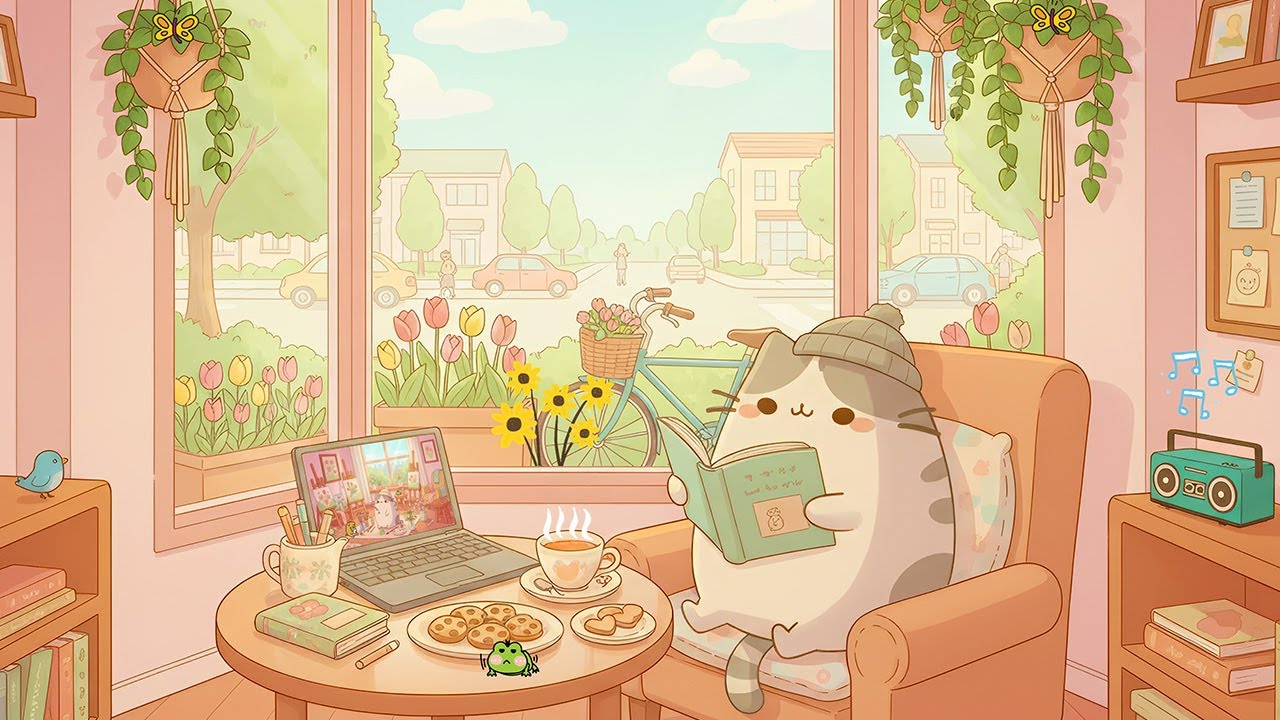 Pusheen Spring Tea & Books ☕️ Gentle Lofi Vibes for Relax & Study 🌿 Bright Spring Day
