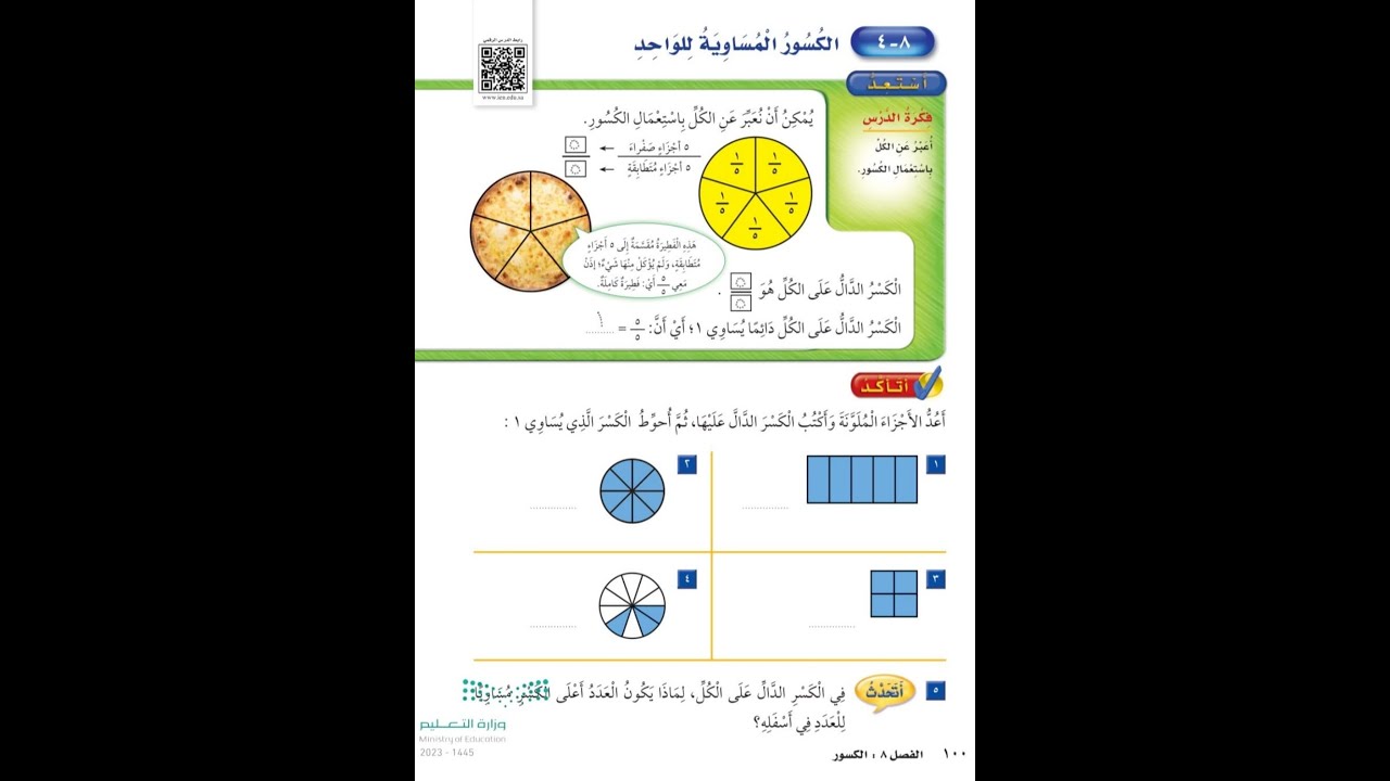 الكسور المساوية للواحد لصف ثاني ابتدائي - رياضيات الفصل الدراسي الثاني
