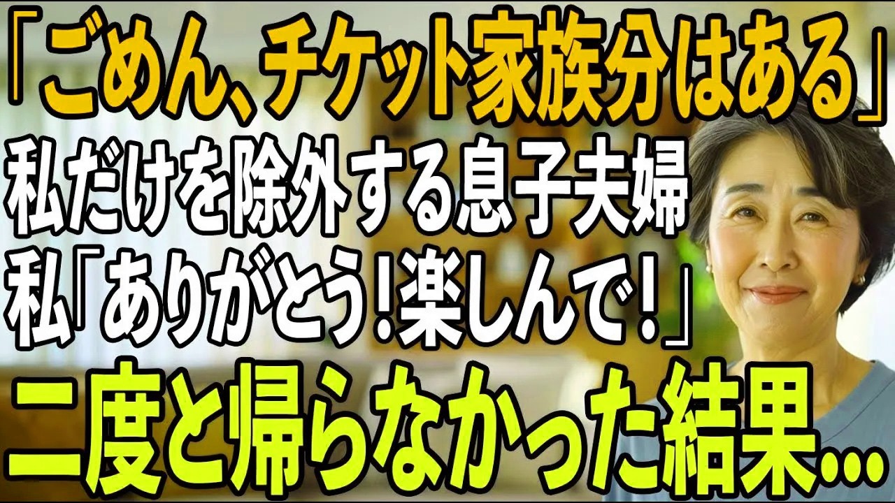 「チケット家族分しか取れてなかった」家族旅行の日、私を除外し嫁両親と旅行に行く息子夫婦。私「ありがとう！楽しんできて！」→実は【シニアライフ】【60代以上の方へ】