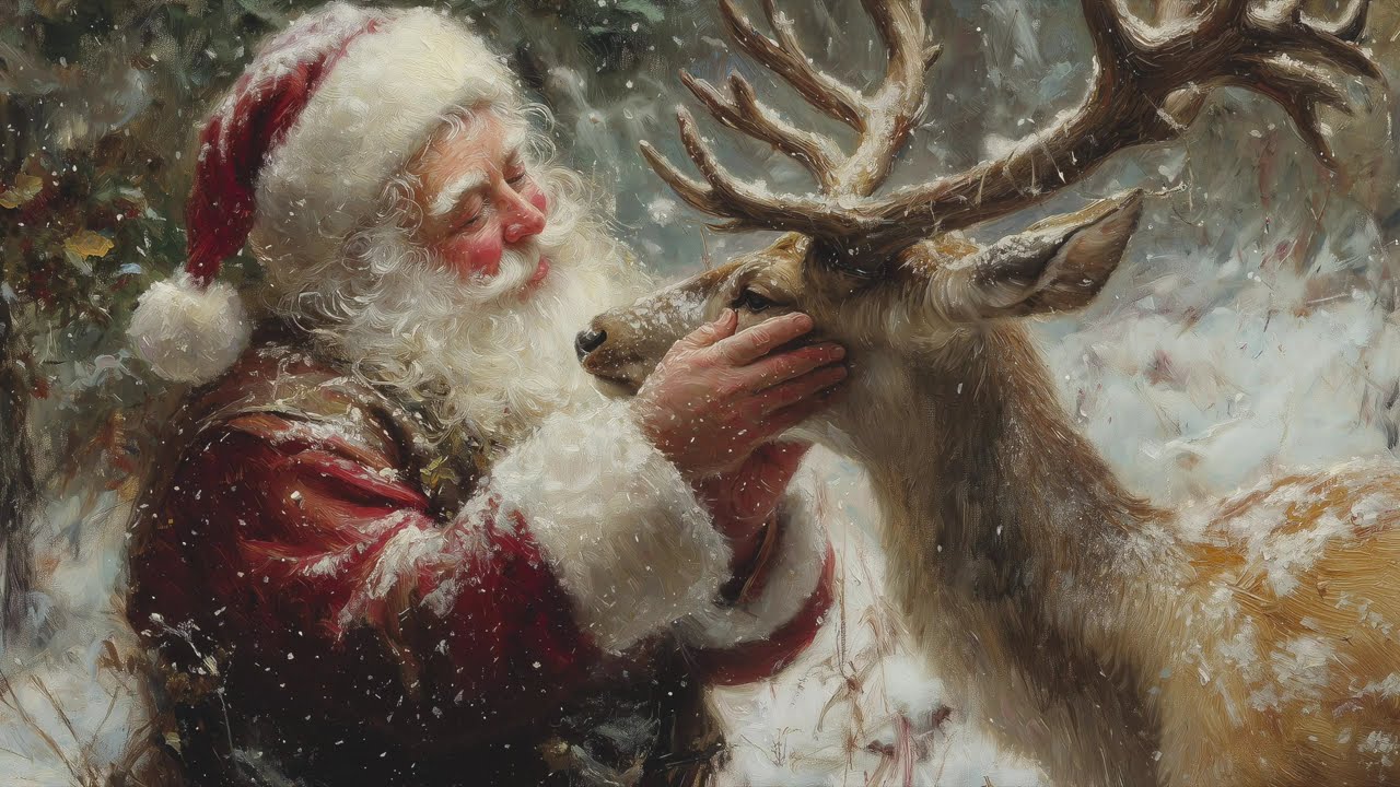 Santa & Magical Reindeer + Music | Vintage Christmas Art Screensaver | Turn Your TV Into Art | 4K