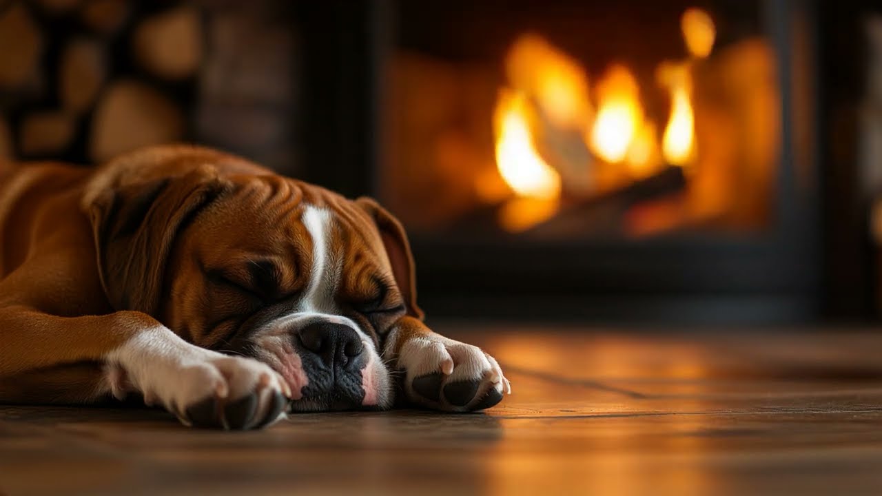 Cozy Fireplace Ambience with Boxer Puppy Sleeping 🐶🔥 | 10 Hours of Relaxing Fire Sounds