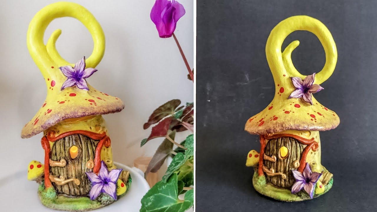 Simple Flower, Yellow Mushroom Fairy House Jar DIY - Air Dry Clay Tutorial #5