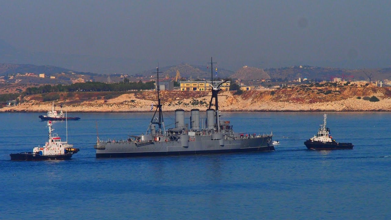 AVEROF armored cruiser sailing to Skaramagas shipyard