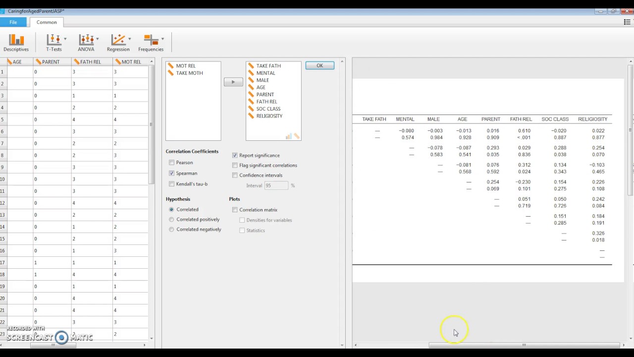 Correlation  Matrix in JASP
