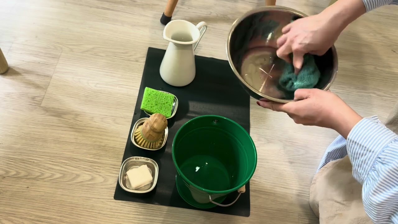Montessori Practical Life Lesson: How to Wash a Table: Preparation for writing- (AMI version)