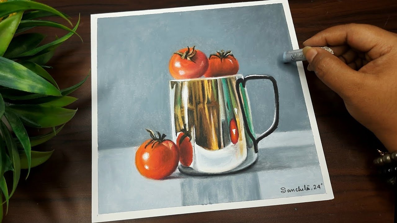 How to draw still life with jug | Oil pastel drawing | How to draw a jug full of tomatoes 😍