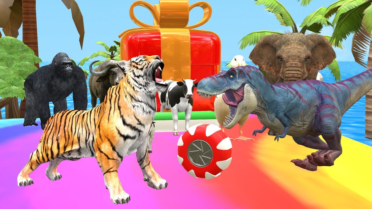 long Slide Game With Cow  Elephant  Lion Chicken Bull Daino - 3D Animal Game - Funny 3D Animals