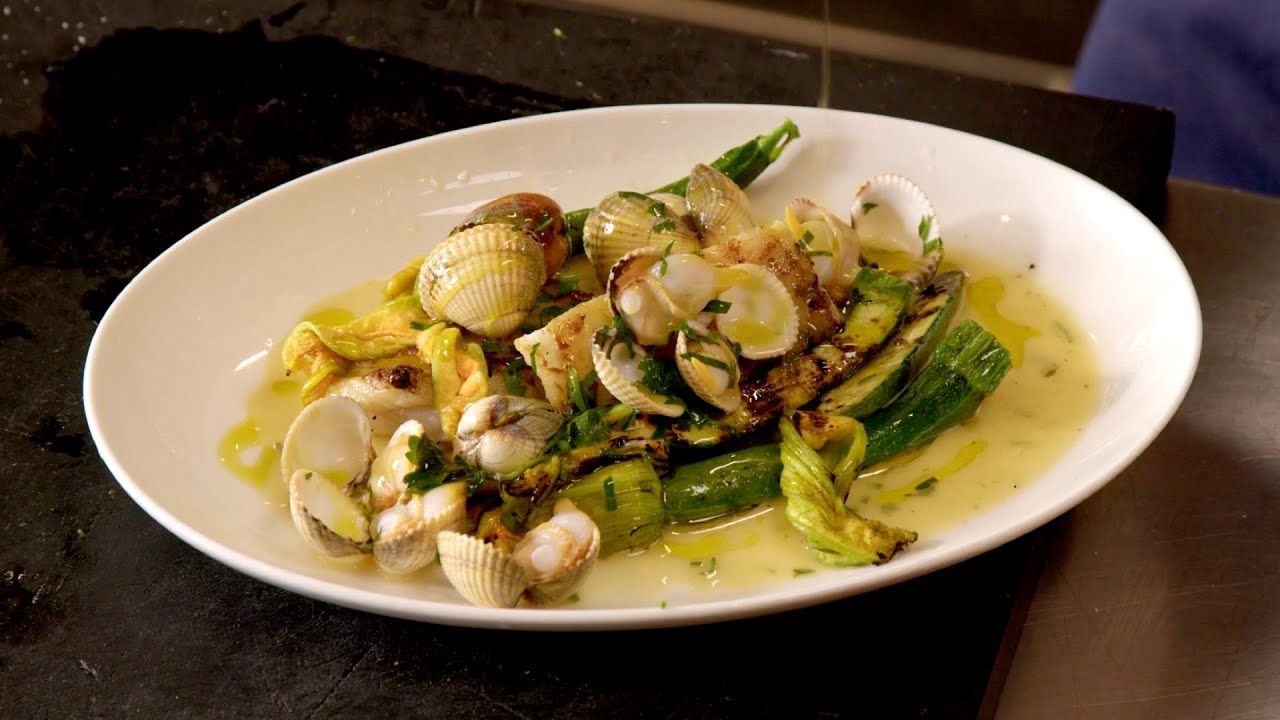 Max Coen cooks Cornish Turbot with Welsh Cockles and courgette flower.