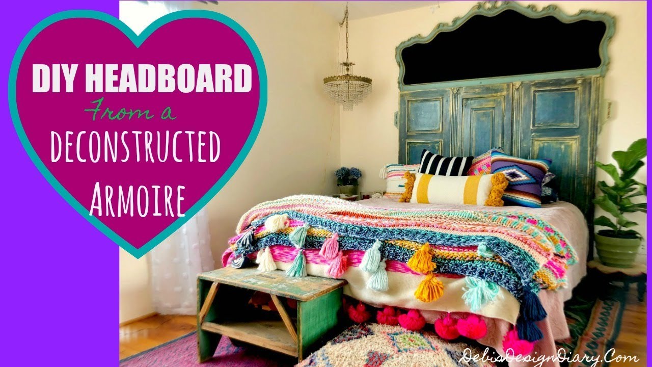 Trash to Treasure Headboard from a deconstructed Armoire and how to paint velvet upholstery