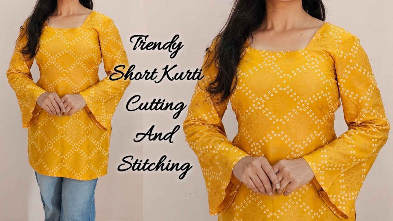 Trendy Short Kurti Cutting And Stitching | Bell Sleeves Square Neck Kurti cutting and stitching 